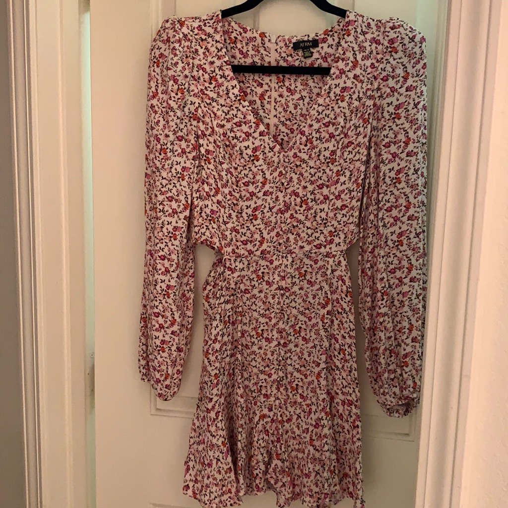 Floral Long Sleeve Dress With Side Cut Outs In Waist Area , Zip Down In Back